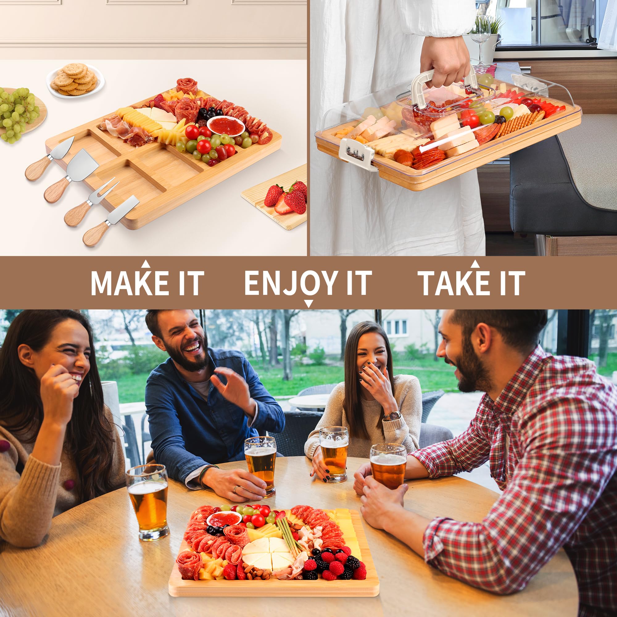 Cawiu Charcuterie Board With Lid And Handle - Portable Travel Design Bamboo Cheese Board Set With 4 Cheese Tools, Gift For House